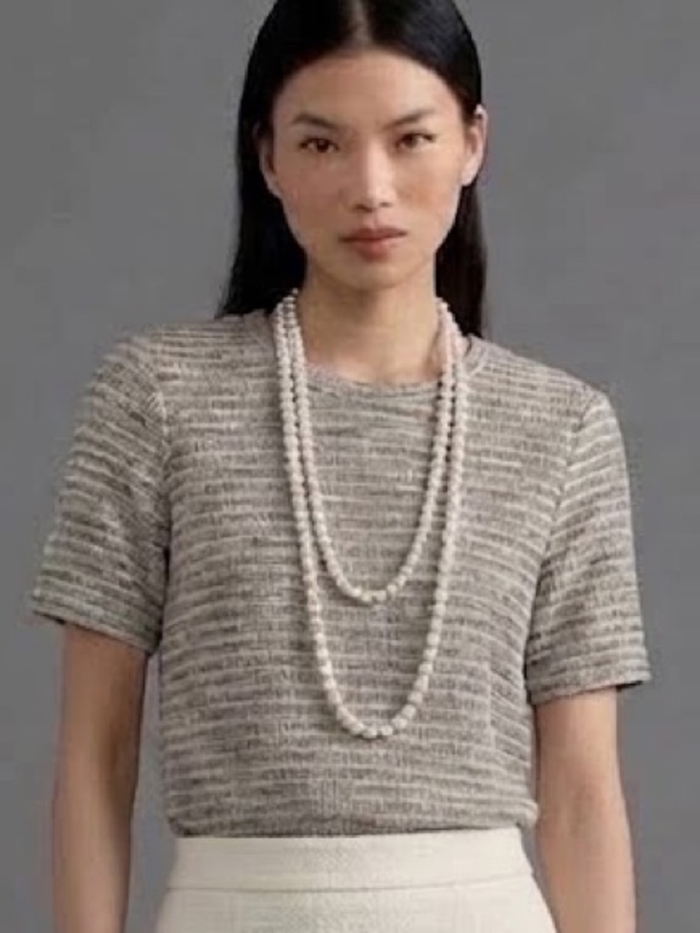 Anthropologie Postmark Tweed Tee Lurex Metallic Short Sleeve Gray Cream Gold M